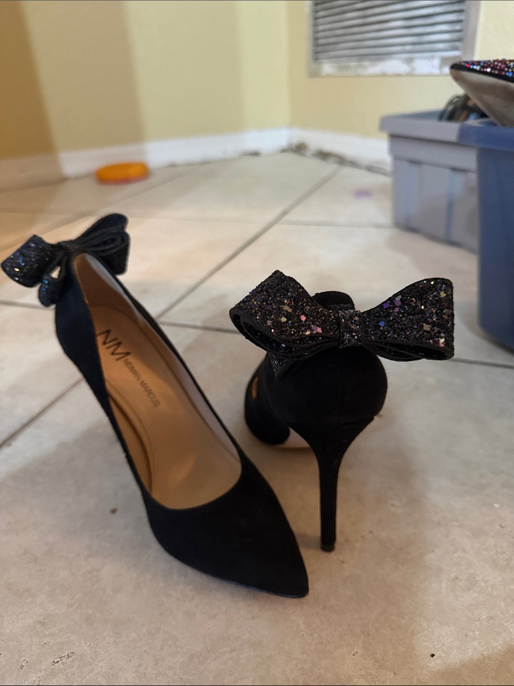 Neiman Marcus Black Suede Pointed Toe Stiletto Heels with Glitter Bow Accent